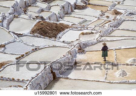 Stock Image - Salinas salt pans, aerial view detail of terraced rectangular pans filled with concentrated saline to evaporate, woman working treading salt in one, Sacred Valley, Peru. Fotosearch