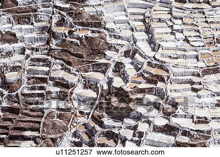 Stock Photo - Salinas salt pans, aerial view detail of terraced rectangular pans filled with concentrated saline to evaporate, Sacred Valley, Peru. Fotosearch