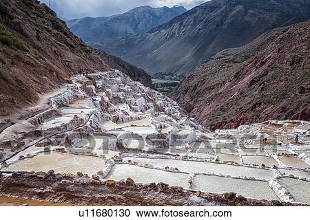 Stock Image - Salinas salt pans, aerial view of hillside of terraced rectangular pans filled with concentrated saline to evaporate, with mountains and valley beyond, Sacred Valley, Peru. Fotosearch