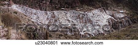 Salinas salt pans, aerial view panorama of hillside of terraced rectangular pans filled with concentrated saline to evaporate, Sacred Valley, Peru View Large Photo Image Stock Image - Salinas salt pans, aerial view panorama of hillside of terraced rectangular pans filled with concentrated saline to evaporate, Sacred Valley, Peru. Fotosearch
