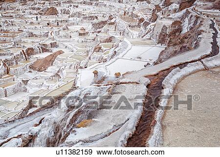 Salinas salt pans, detail of terraced rectangular pans filled with concentrated saline to evaporate, showing run- off channels, women working the salt, Sacred Valley, Peru View Large Photo Image Stock Photo - Salinas salt pans, detail of terraced rectangular pans filled with concentrated saline to evaporate, showing run- off channels, women working the salt, Sacred Valley, Peru. Fotosearch