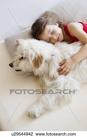 Stock Image - Girl relaxing with dog in bed. Fotosearch