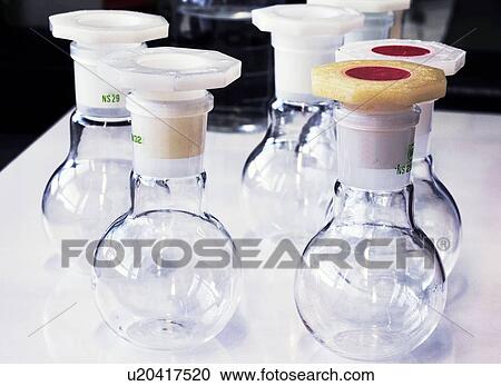 Stock Image - Liquid in beakers in lab. Fotosearch