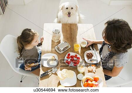 Picture - Mother and daughter at table with dog. Fotosearch