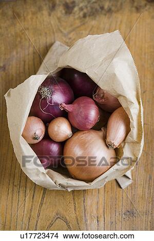 Picture - Open bag of mixed onions. Fotosearch