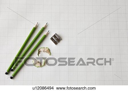 Picture - Pencils with sharpener and shavings. Fotosearch
