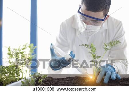 Stock Photo - Scientist planting with glowing liquid. Fotosearch