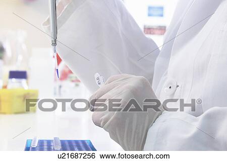 Stock Photograph - Scientist using pipette and test tube. Fotosearch