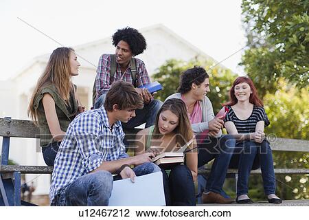 Stock Image - Students studying together on campus. Fotosearch