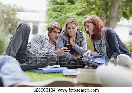 Students using cell phone on grass View Large Photo Image Picture - Students using cell phone on grass. Fotosearch