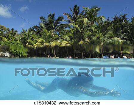 Stock Image - Woman swimming in tropical ocean. Fotosearch