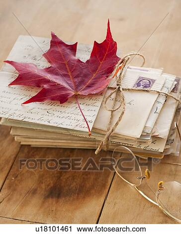 Stock Image - Autumn leaf on letters, studio shot. Fotosearch