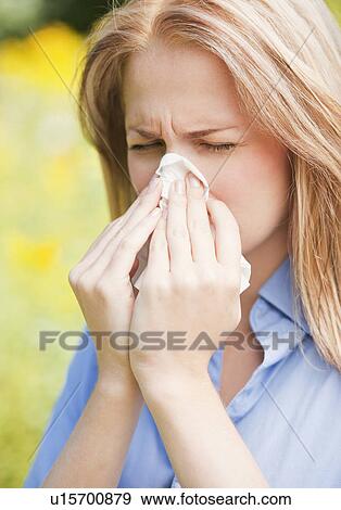 Close up of woman sneezing View Large Photo Image Stock Photo - Close up of woman sneezing. Fotosearch