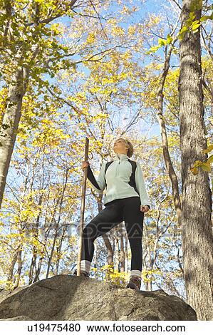 Stock Image - Female hiker resting on rock in forest. Fotosearch