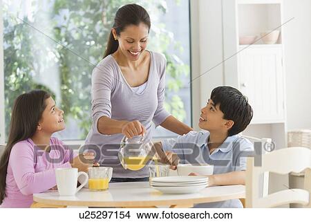 Mother with son (12-13) and daughter (10-11) having breakfast View Large Photo Image Picture - Mother with son (12-13) and daughter (10-11) having breakfast. Fotosearch