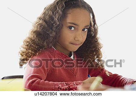 Picture - Portrait of girl (6-7) looking at camera. Fotosearch