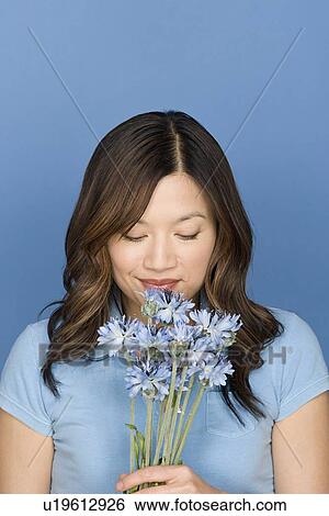 Portrait of woman smelling flowers on blue background, studio shot View Large Photo Image Stock Photograph - Portrait of woman smelling flowers on blue background, studio shot. Fotosearch