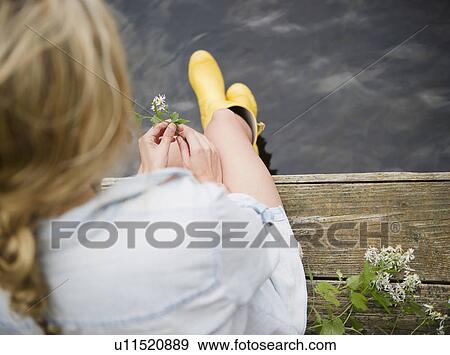 Stock Photo - Roaring Brook Lake, Rear view of woman sitting on pier by lake. Fotosearch