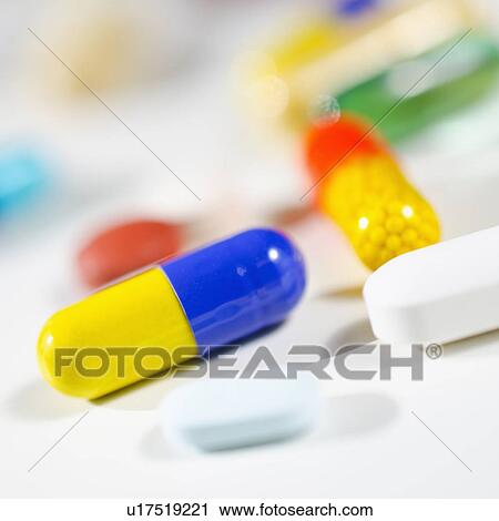 Stock Image - Studio shot of various pills and capsules. Fotosearch