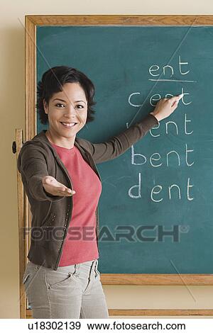 Teacher showing words on blackboard View Large Photo Image Stock Photo - Teacher showing words on blackboard. Fotosearch
