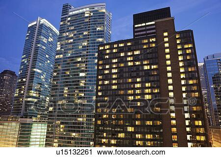 USA, Illinois, Chicago, Office buildings at night View Large Photo Image Stock Image - USA, Illinois, Chicago, Office buildings at night. Fotosearch