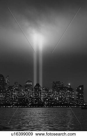 USA, New York City, Manhattan skyline with 9/11 memorial lights View Large Photo Image Stock Photo - USA, New York City, Manhattan skyline with 9/11 memorial lights. Fotosearch