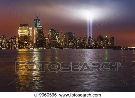USA, New York City, Manhattan skyline with 9/11 memorial lights View Large Photo Image Stock Photograph - USA, New York City, Manhattan skyline with 9/11 memorial lights. Fotosearch