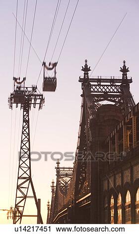 Stock Image - USA, New York City, Manhattan, Queensboro Bridge and Roosevelt Island Tram. Fotosearch