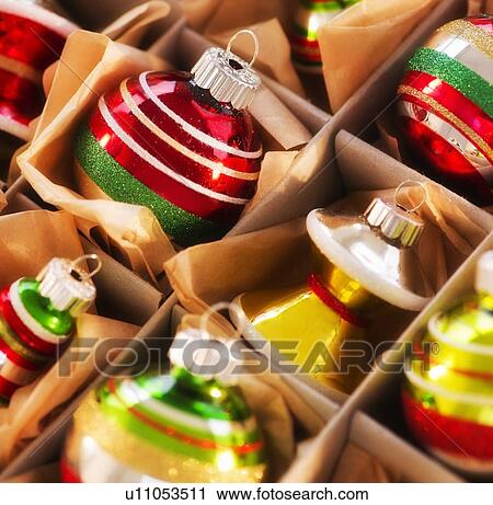 Stock Image - Christmas baubles in box. Fotosearch