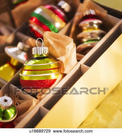 Christmas baubles in box View Large Photo Image Stock Photo - Christmas baubles in box. Fotosearch
