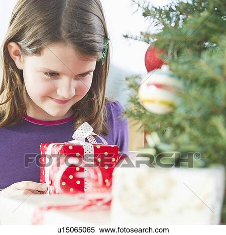 Girl (8-9) standing with gift behind Christmas tree View Large Photo Image Stock Photography - Girl (8-9) standing with gift behind Christmas tree. Fotosearch