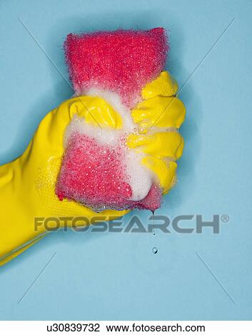 Stock Image - Hand in glove squeezing sponge. Fotosearch