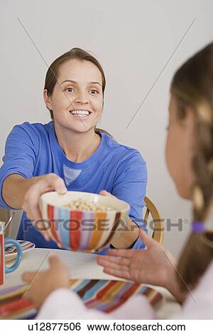 Stock Photograph - Mother and daughter having breakfast. Fotosearch