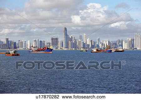 Panama, Panama City, Boats with skyline in background View Large Photo Image Stock Image - Panama, Panama City, Boats with skyline in background. Fotosearch
