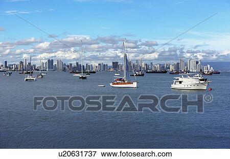 Panama, Panama City, Boats with skyline in background View Large Photo Image Stock Photo - Panama, Panama City, Boats with skyline in background. Fotosearch