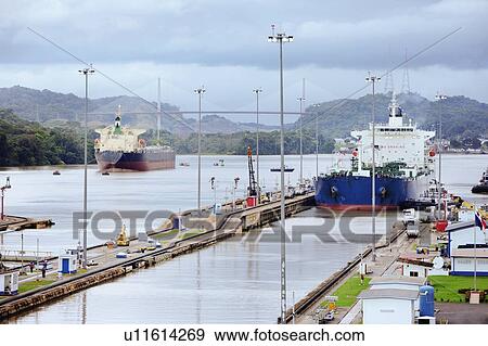 Stock Photo - Panama, Panama City, Ship in canal lock. Fotosearch