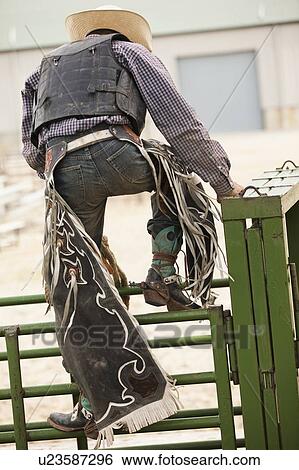 Rodeo cowboy climbing on fence View Large Photo Image Stock Photograph - Rodeo cowboy climbing on fence. Fotosearch