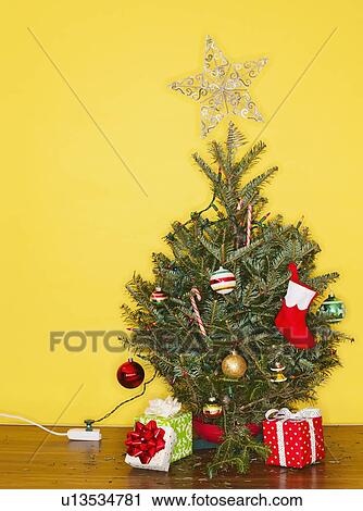 Small Christmas tree against yellow wall, studio shot View Large Photo Image Stock Image - Small Christmas tree against yellow wall, studio shot. Fotosearch