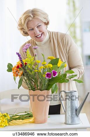 Smiling senior woman arranging flowers View Large Photo Image Stock Photograph - Smiling senior woman arranging flowers. Fotosearch