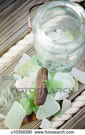 Stock Image - Still life with sea glass and pebbles. Fotosearch