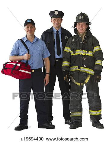 Studio portrait of emergency medical technician, policeman and fireman View Large Photo Image Stock Image - Studio portrait of emergency medical technician, policeman and fireman. Fotosearch