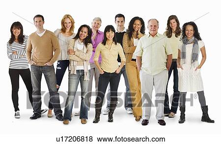 Stock Photo - Studio portrait of large group of people standing arm in arm. Fotosearch