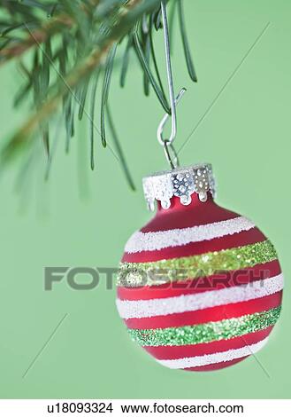 Picture - Studio shot of striped Christmas ornament hanging on Christmas tree. Fotosearch