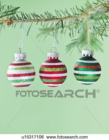 Studio shot of striped Christmas ornaments hanging on Christmas tree View Large Photo Image Stock Photograph - Studio shot of striped Christmas ornaments hanging on Christmas tree. Fotosearch