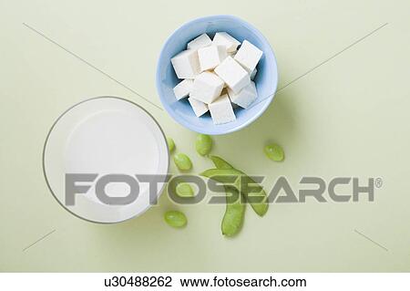 Stock Image - Tofu, soy milk and edamame, studio shot. Fotosearch