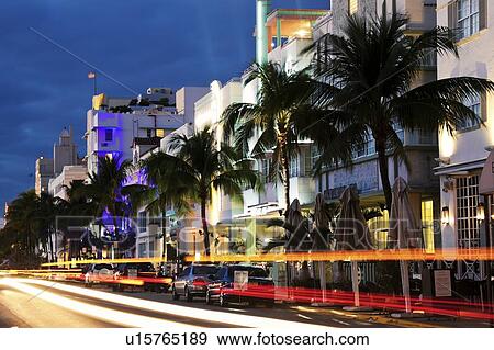 Stock Photo - USA, Florida, Miami Beach, Ocean Drive at dusk. Fotosearch