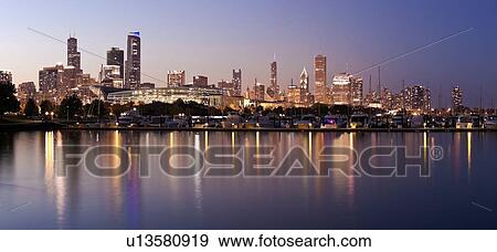 USA, Illinois, Chicago skyline at dusk View Large Photo Image Stock Photo - USA, Illinois, Chicago skyline at dusk. Fotosearch