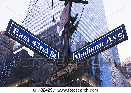 USA, New York State, New York City, low angle view of street name sign View Large Photo Image Stock Photo - USA, New York State, New York City, low angle view of street name sign. Fotosearch