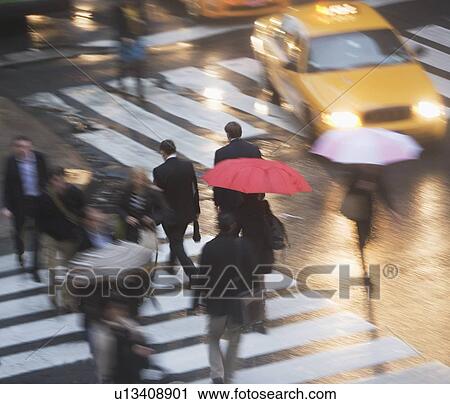 Stock Image - USA, New York state, New York city, pedestrians with umbrellas on zebra crossing . Fotosearch