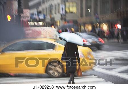 Stock Photo - USA, New York state, New York city, pedestrian with umbrella on zebra crossing . Fotosearch